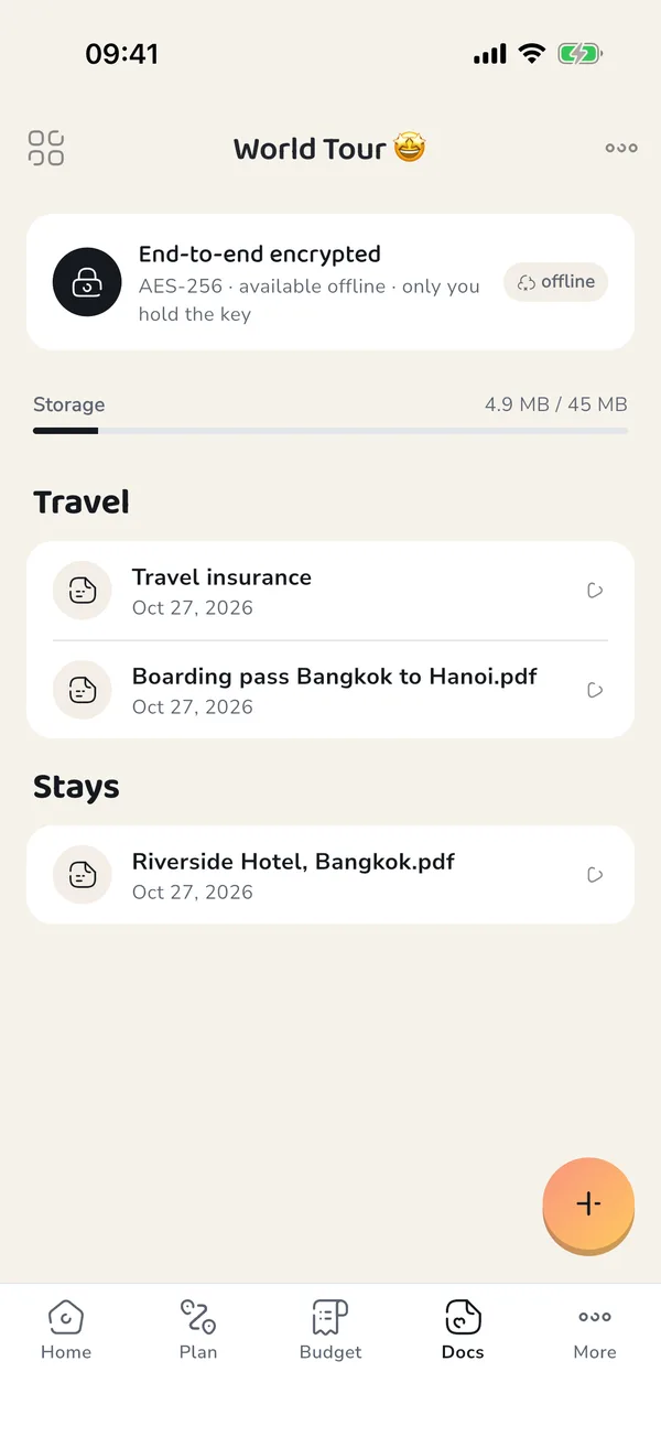 Travel documents stored in PuffinPilot, with the end-to-end encryption notice.