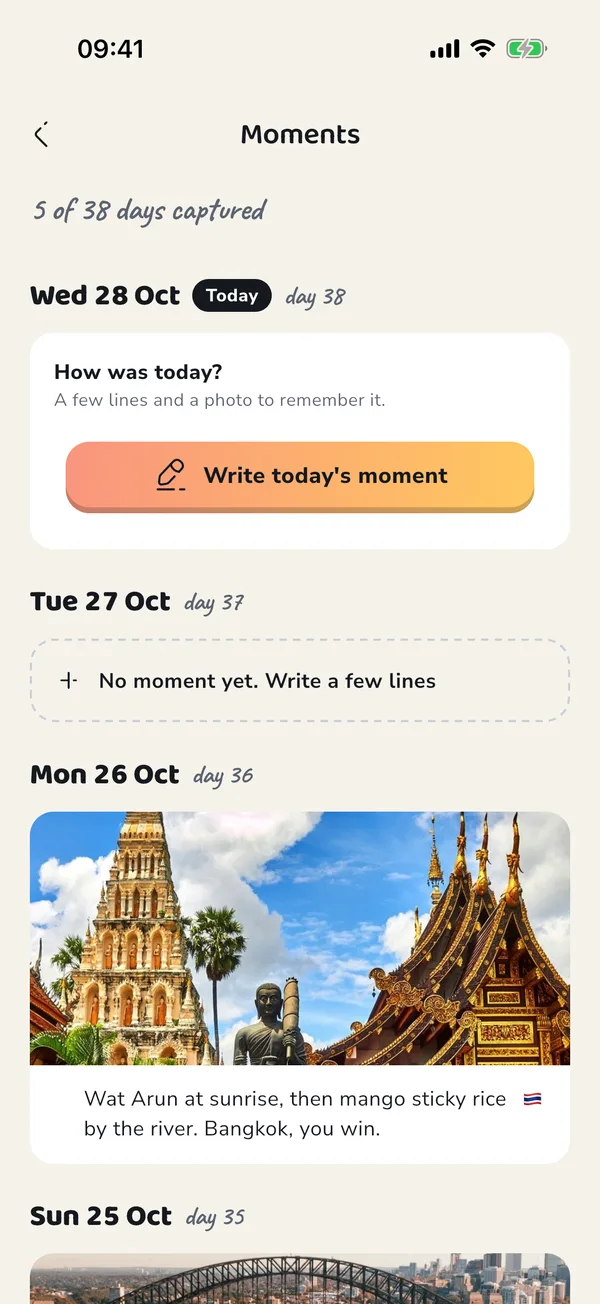 The travel journal in PuffinPilot, one moment per day.